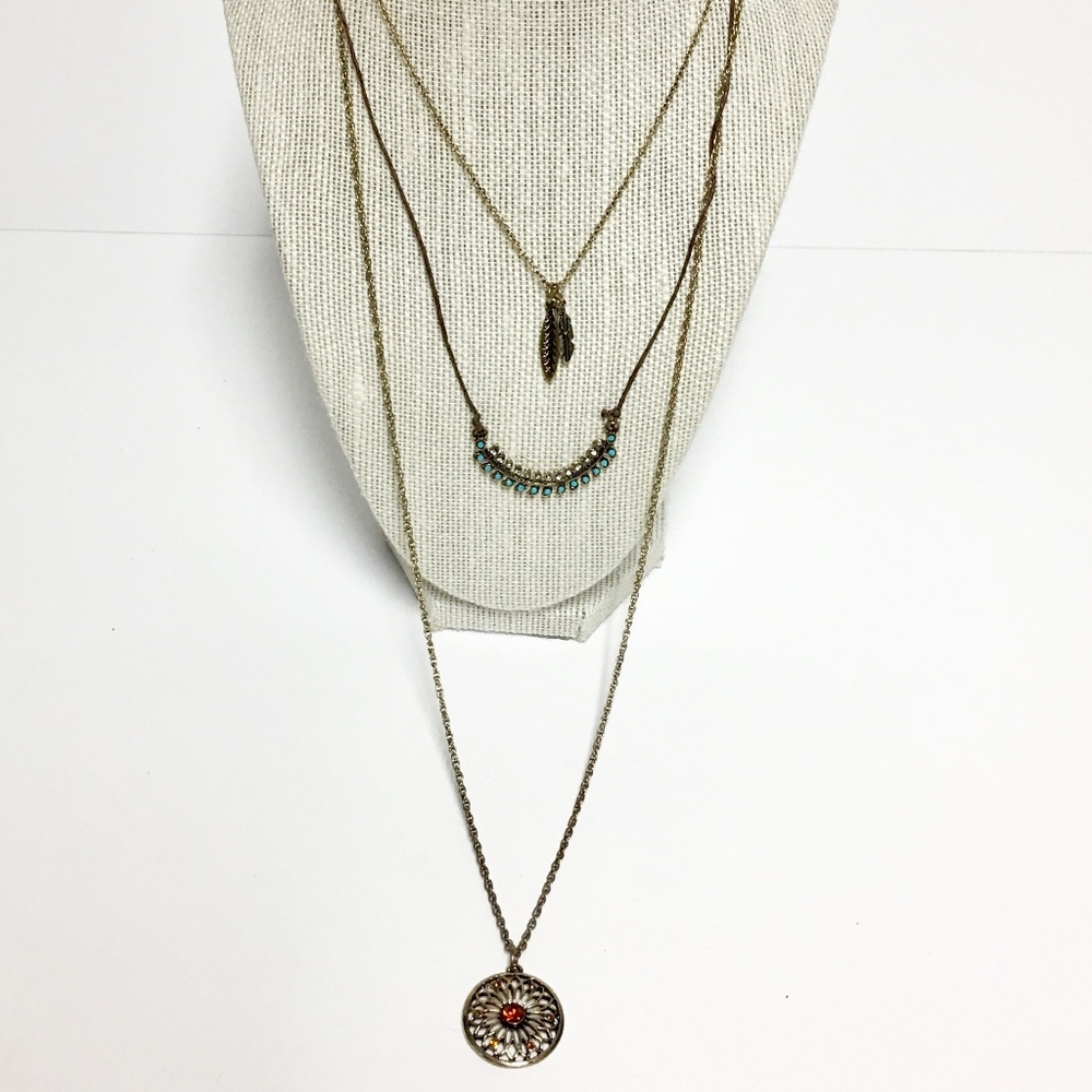 Three Layered Bronze & Leather Necklace Turquoise